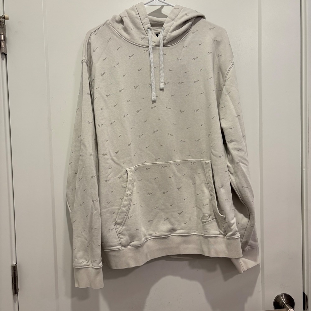 Nike Mens All Over Mini Swoosh Print Hoodie Cream Grey Pullover‎ Sweatshirt
